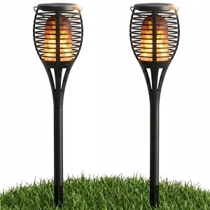 LAMPA SOLARNA LED Ogrodowa Lampiony Płomień Czarna Wbijana Zestaw 2w1
