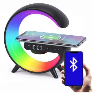 LAMPKA NA BIURKO LED Głośnik Ładowarka 10W Indukcja QI Zegar RGB Czarna