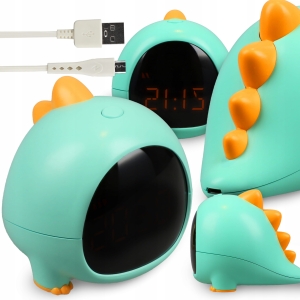Zegar Budzik Elektroniczny Dla Dzieci Akumulator Przewód USB Cyfrowy Dino