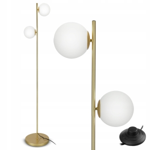 Lampa Stojąca Podłogowa Lampka LED 2X E27 Złota Kula Do Czytania Włącznik
