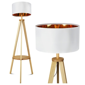 Lampa Stojąca Podłogowa Lampka LED Do Czytania Drewniana Półka E27 Włącznik