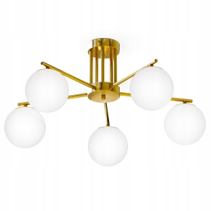 Złota Lampa Sufitowa Wisząca LED 5X E27 Żyrandol Białe Kule Szklane Salon