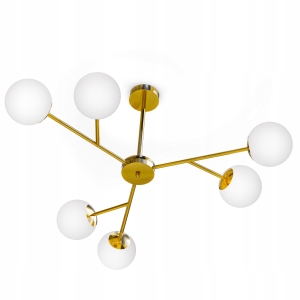 Złota Lampa Sufitowa Wisząca LED 6X E27 Żyrandol Białe Kule Szklane Salon