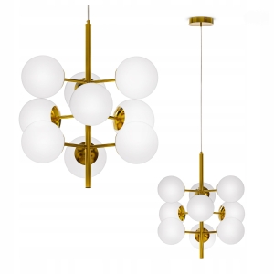 Złota Lampa Wisząca Sufitowa LED 9X E27 Żyrandol Białe Kule Szklane Salon
