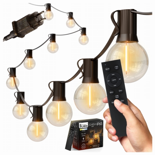 Girlanda ogrodowa LED 20m, 3240lm, IP65, z pilotem i żarówkami E12, czarna oprawka, do użytku zewnętrznego, oświetlenie imprezowe, dekoracja ogrodu, oświetlenie tarasu, girlanda świetlna.