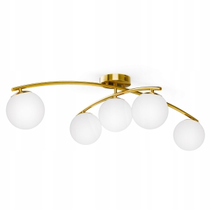 Złota Lampa Sufitowa Wisząca LED 5X G9 Żyrandol Białe Kule Szklane Salon