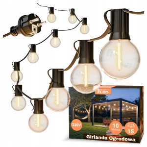 Girlanda Ogrodowa Świetlna 10M 15X Żarówka LED 1W Łańcuch + gratis 2X E12