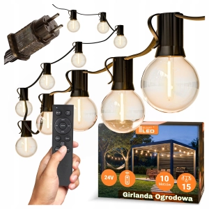 Girlanda Ogrodowa Świetlna 10M 15X Żarówka LED E12 Pilot Ściemniana Łańcuch