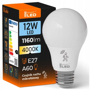 Żarówka LED E27 12W Czujnik Ruchu i Zmierzchu Biała Neutralna Mikrofalowy