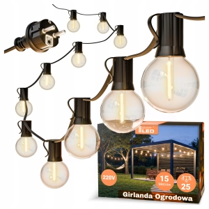 Girlanda Ogrodowa Świetlna 15M 25X Żarówka LED 1W Łańcuch + gratis 2X E12
