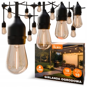 Girlanda Ogrodowa Świetlna 10M 10X Żarówka LED E27 Łańcuch Wodoszczelna