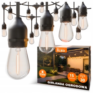 Girlanda Ogrodowa Świetlna 15M 30X Żarówka LED E27 Łańcuch Wodoszczelna