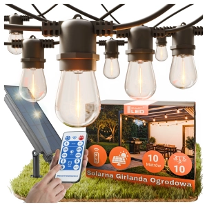 Girlanda Solarna Ogrodowa Lampki Solarne 10m 10X Żarówka LED E27 + Pilot