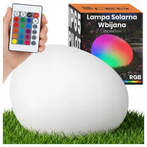 Lampa Ogrodowa LED Solarna Owalna Kamień Biały RGB Pilot Wbijana 32cm