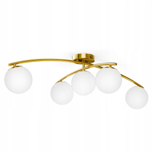 Złota Lampa Sufitowa Wisząca LED 5X G9 Żyrandol Białe Kule Szklane Salon