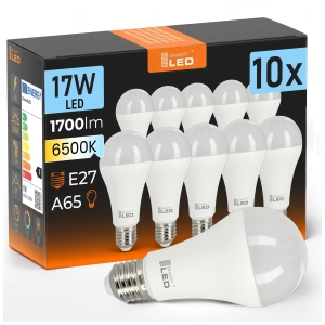 10x Żarówka LED E27 17W 1700 lm Mocna Zimna 6000K Klasyczna A65 NIE MRUGA