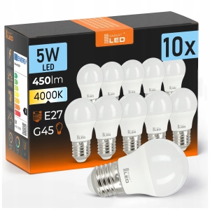 10x Żarówka LED E27 G45 5W 450lm Barwa Neutralna 4000K Kulka Ball NIE MRUGA