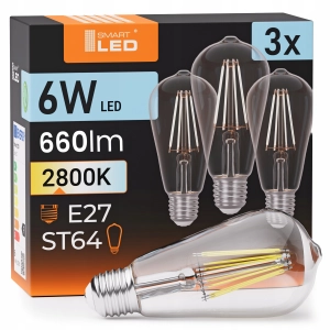 Żarówka LED E27 ST64 6W 660lm Barwa Ciepła 2800K Filament Edison Długa 230V