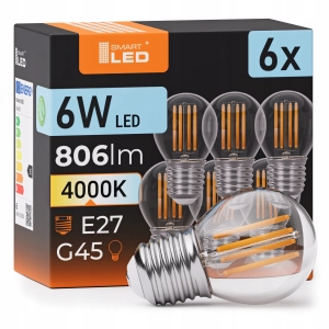 Żarówka LED E27 G45 6W 806 lm Barwa Neutralna 4000K Kulka Filament Edison
