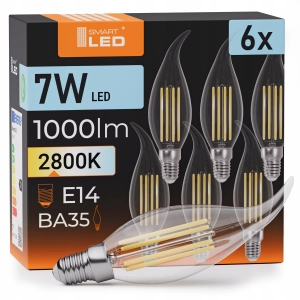 6x Żarówka LED E14 BA35 7W 1000lm Ciepła 2800K Świeczka Świeca Filament
